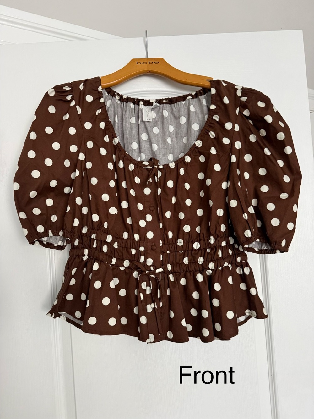 NWT Joie Brown and White Polka Dot Puff Sleeve Peplum Blouse 100% Cotton Sz: M